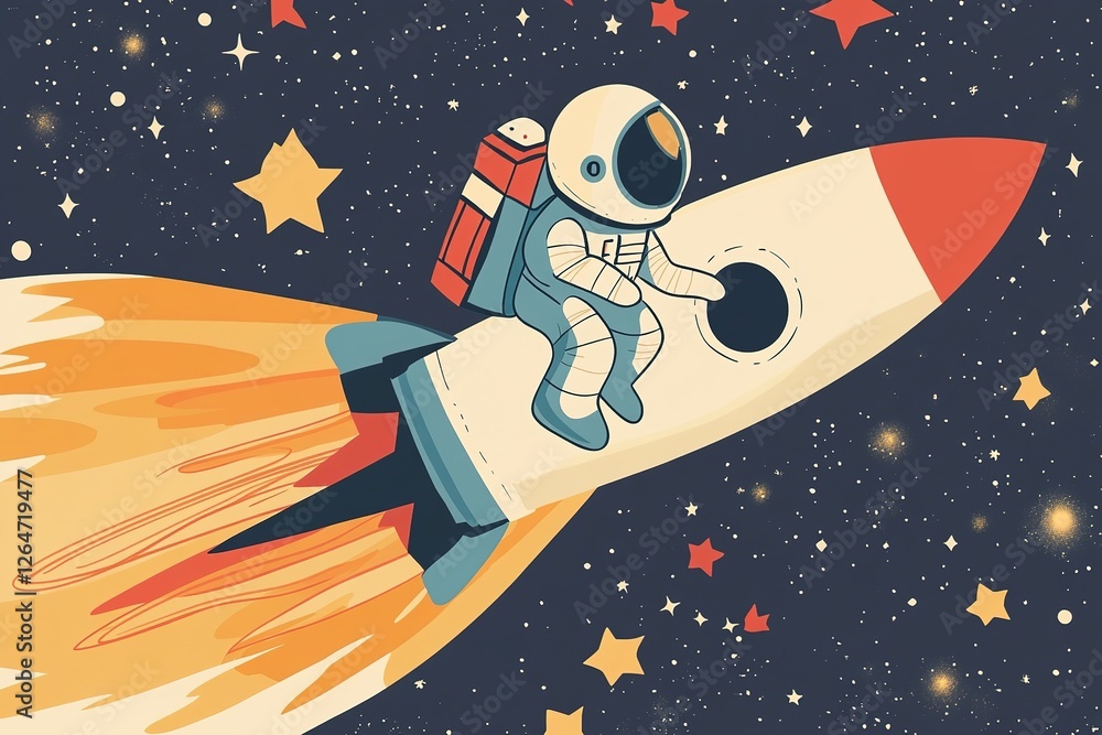 Fototapeta premium adorable cartoon astronaut in spacesuit riding on a flying space rocket on dark background with stars