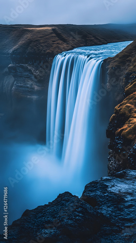 A long-exposure photograph of the blue waterfall in Iceland
