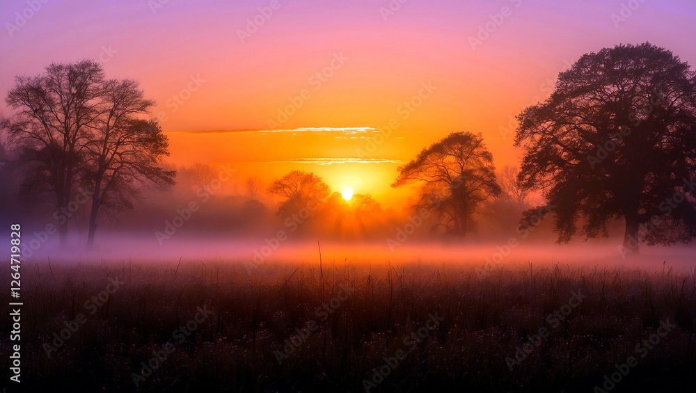 Fototapeta premium Golden sunset over foggy field with silhouetted trees