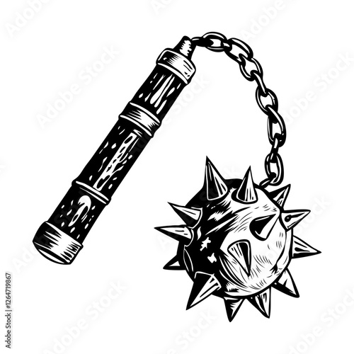 Medieval flail weapon, vintage style illustration