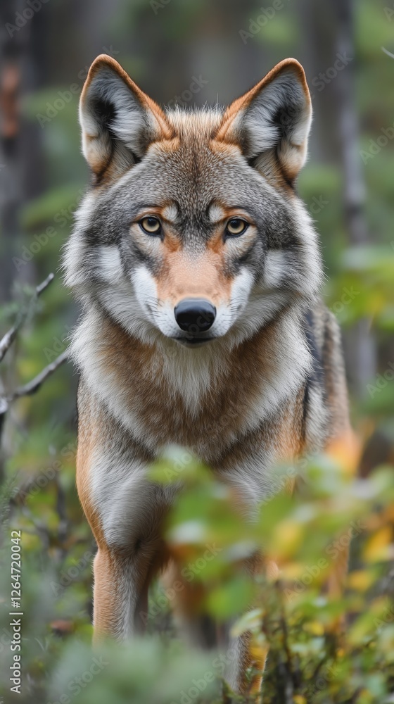 Fototapeta premium Majestic wolf walking through vibrant autumn forest in the afternoon