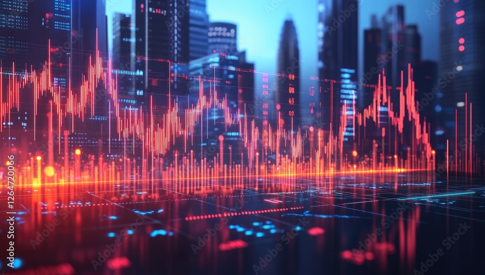 Financial data graph over cityscape at night Financial data graph over cityscape at night
