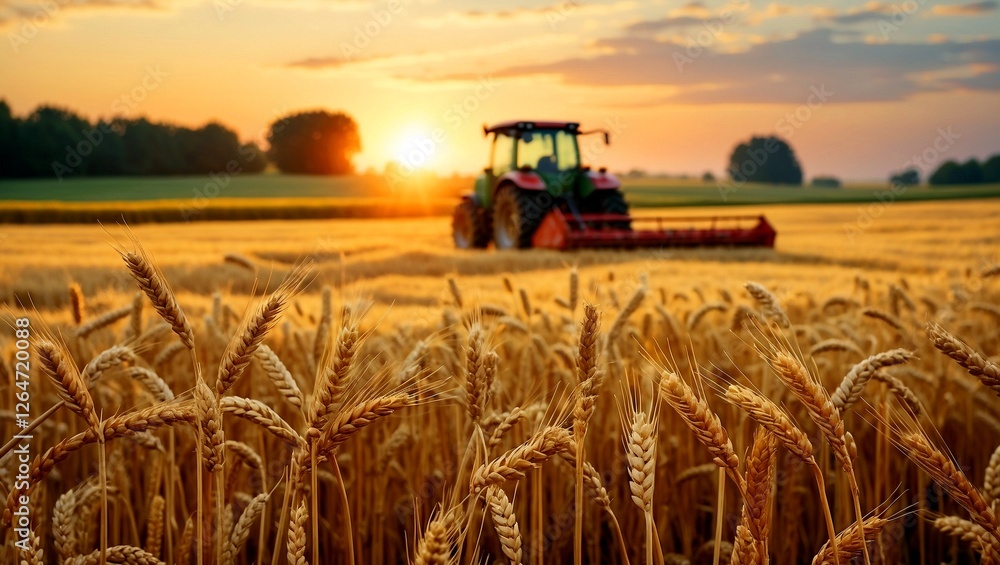 Fototapeta premium Golden wheat field at sunset with tractor
