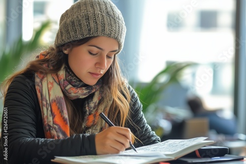 Young woman studying in a cafe during afternoon hours with a focused expression