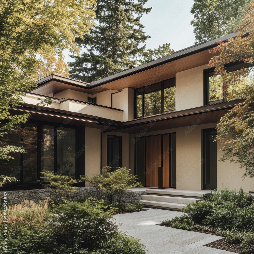 Modern home exterior nestled in lush green foliage Modern home exterior nestled in lush green foliage