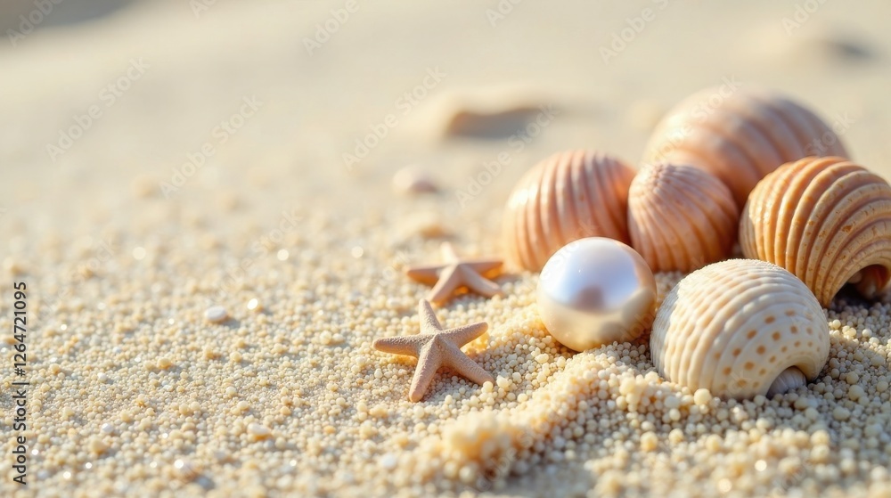 Seashells, starfish, and a luminous pearl nestled in sun-kissed sand, a tranquil coastal scene Seashells, starfish, and a luminous pearl nestled in sun-kissed sand, a tranquil coastal scene