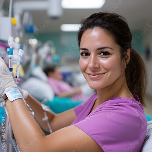 Smiling nurse working dialysis machine, hospital ward background