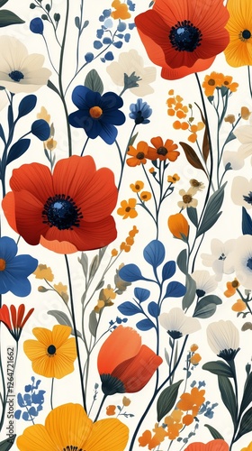 Bright floral pattern featuring colorful flowers against a light background