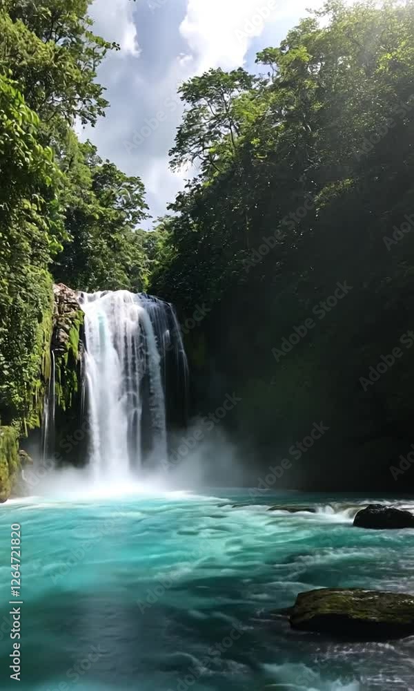Majestic waterfall cascading into turquoise pool surrounded by lush greenery