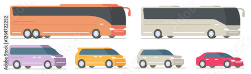 Bus coach big travel vehicle icon vector simple minimal modern graphic illustration set, travel tourist city shuttle transport automobile cars, transit minibus minivan small transportation clip art
