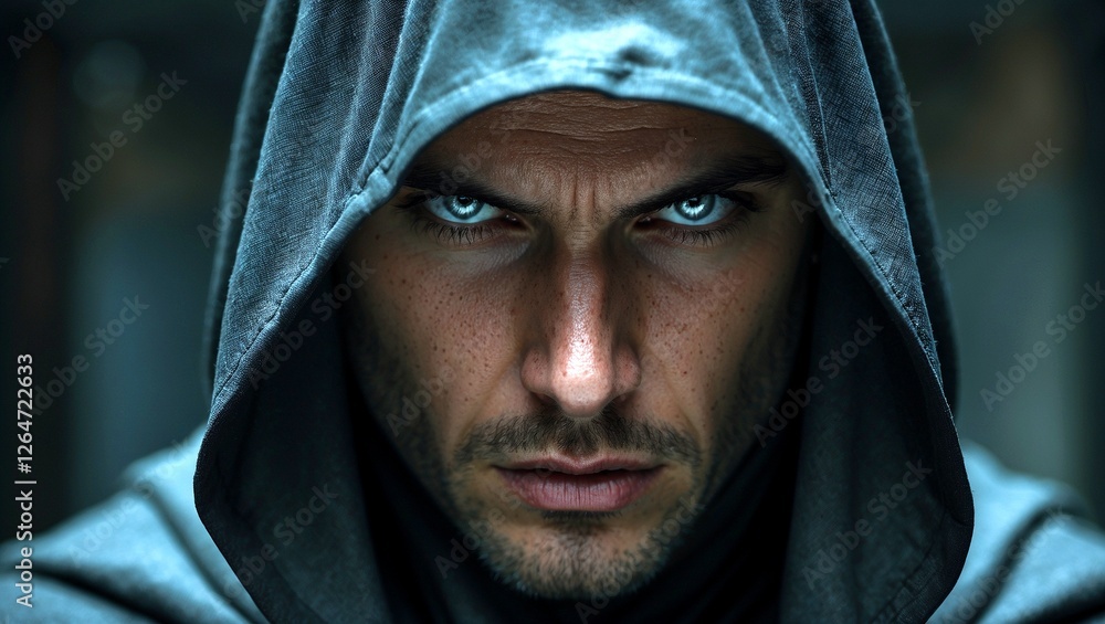 Intense gaze of a mysterious hooded figure Intense gaze of a mysterious hooded figure