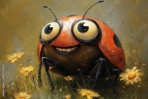 Colorful cartoon ladybug character with cheerful expression on bright yellow ...