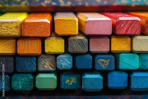 Colorful assortment of art supplies arranged in neat rows showcasing vibrant ...