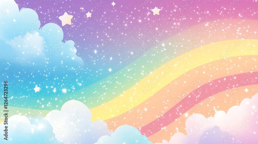 Colorful rainbow arches through a dreamy sky filled with pastel clouds and twinkling stars at dusk Colorful rainbow arches through a dreamy sky filled with pastel clouds and twinkling stars at dusk
