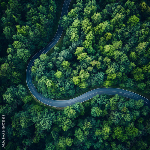 Winding Road in Emerald Forest: An aerial panorama of a winding road weaving through an emerald forest, a journey through a verdant canopy.