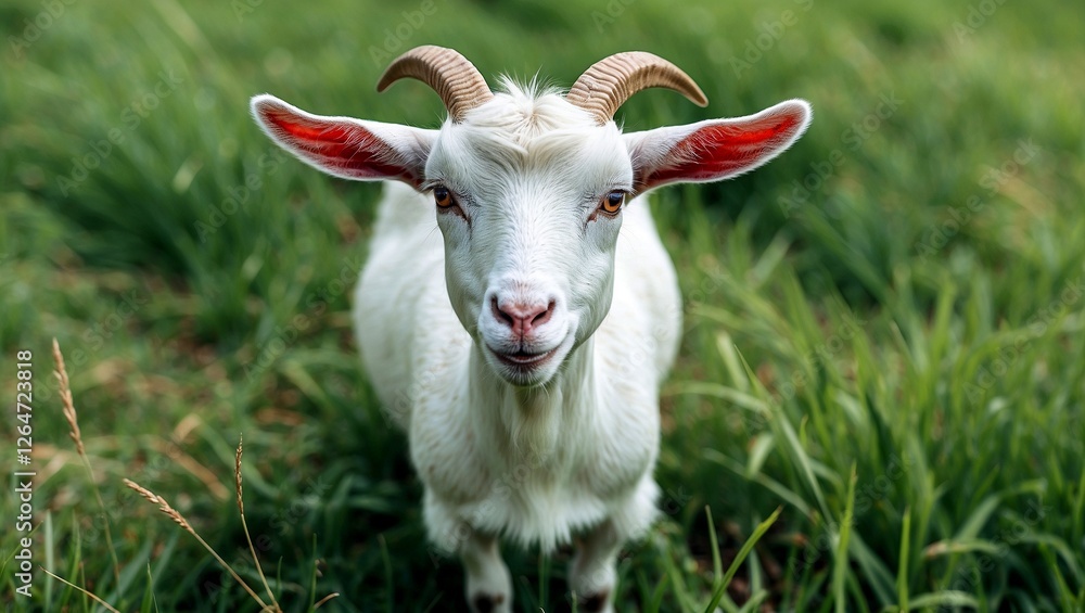 Joyful white goat smiling on lush green grass