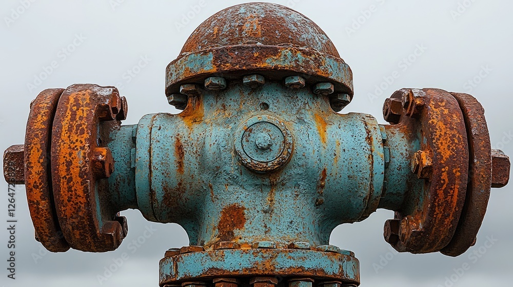 Rusty fire hydrant with blue and orange hues against a cloudy sky, symbolizing urban decay Rusty fire hydrant with blue and orange hues against a cloudy sky, symbolizing urban decay