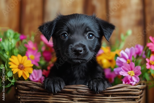 Black puppy nestled in a flower basket during a sunny afternoon at a garden