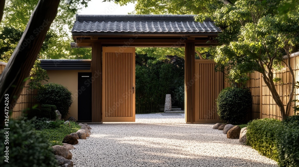 An ornate japanese style gate entrance to a serene garden An ornate japanese style gate entrance to a serene garden
