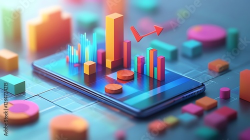 Smartphone with 3D Charts Representing Data Analysis, A smartphone displaying colorful graphs and charts, surrounded by 3D bar and pie charts