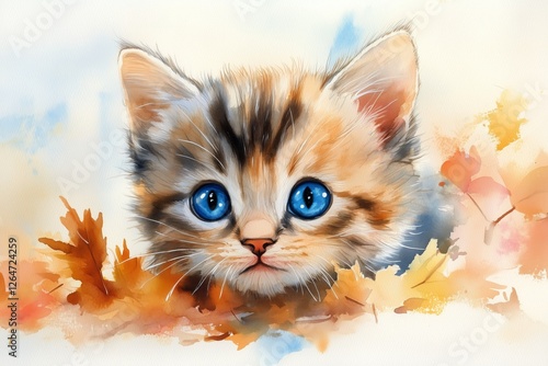 Adorable fluffy kitten with striking blue eyes lounging on a soft surface