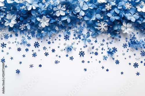 Frost-covered branches with falling snow create a serene winter atmosphere in...