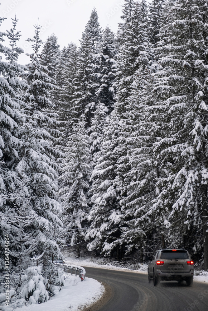 Car on Snowy Mountain Road