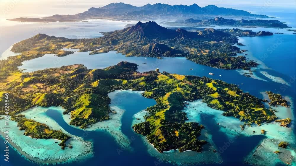 Aerial view of a lush, mountainous island surrounded by turquoise waters and smaller islets, showcasing a vibrant tropical landscape. Aerial view of a lush, mountainous island surrounded by turquoise waters and smaller islets, showcasing a vibrant tropical landscape.