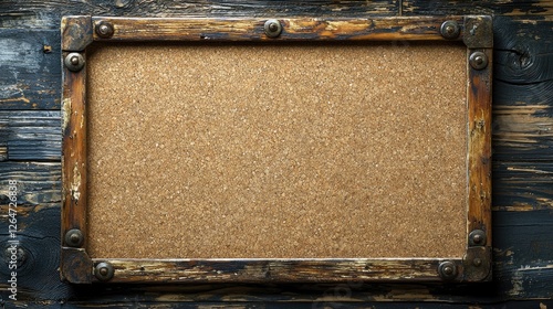Rustic corkboard framed with aged wood, set against a dark wooden backdrop, ideal for notes