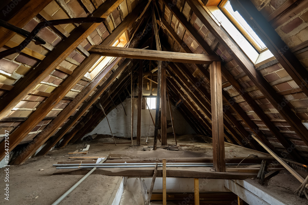 Rustic wooden attic with exposed beams and skylight windows Rustic wooden attic with exposed beams and skylight windows