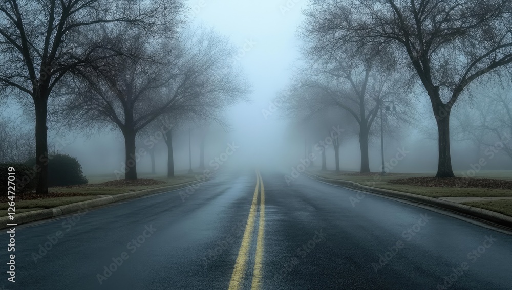Foggy road, trees, suburban morning, quiet street Foggy road, trees, suburban morning, quiet street