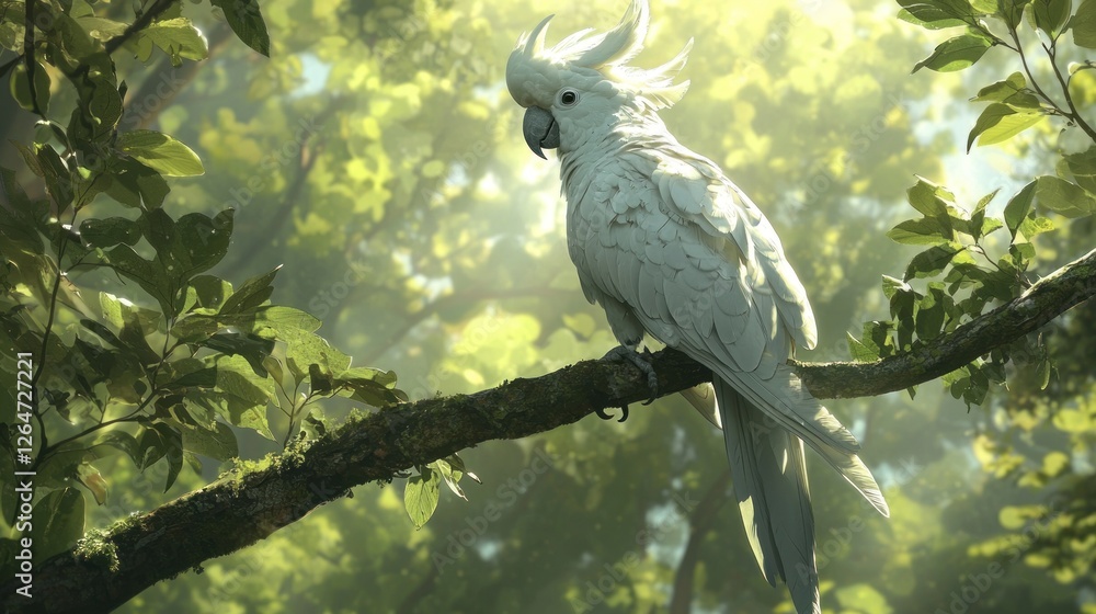 Obraz premium White cockatoo perched on a tree branch in a lush forest, sunlight filtering through the leaves.