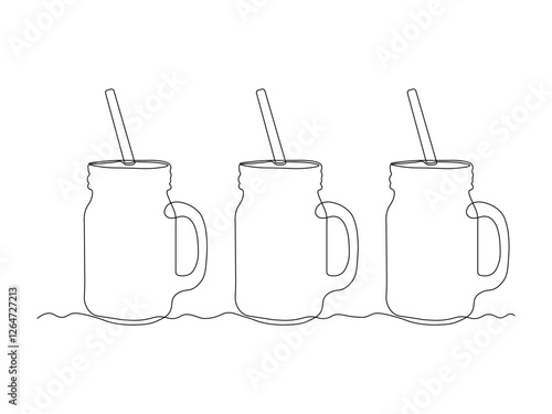 set of three jar with a straw for cocktails, smoothies, continuous single one line art hand drawing sketch logo