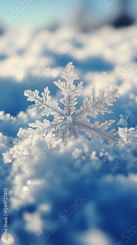 Intricate snowflake resting on a blanket of soft snow under bright winter sun...