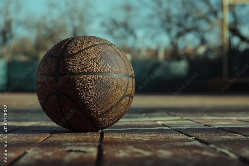 Close up of a worn basketball on a wooden outdoor court, with an urban background and a vintage aesthetic Close up of a worn basketball on a wooden outdoor court, with an urban background and a vintage aesthetic