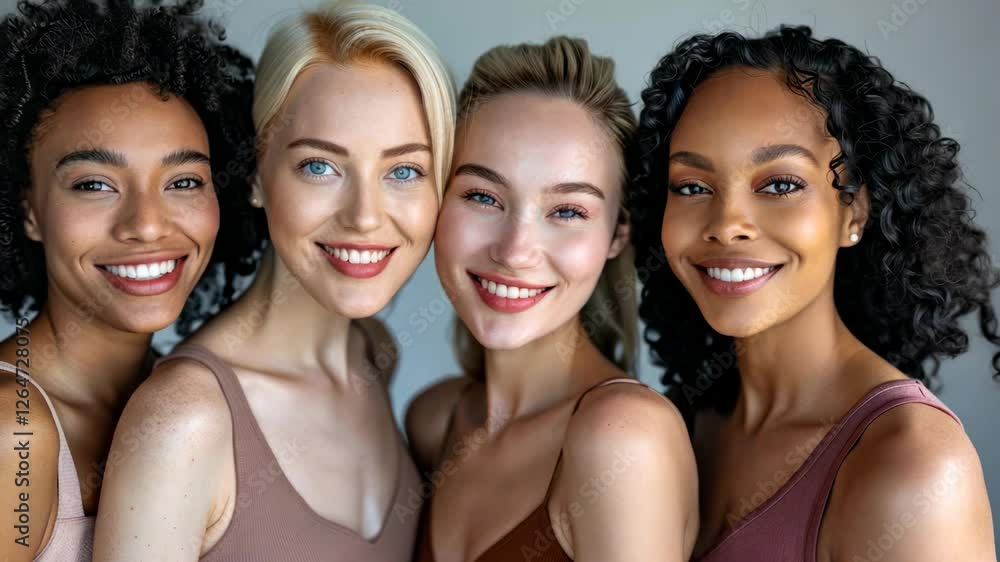 Diverse group of four women smiling joyfully, showcasing beauty, confidence, and friendship in a soft, natural light setting Diverse group of four women smiling joyfully, showcasing beauty, confidence, and friendship in a soft, natural light setting