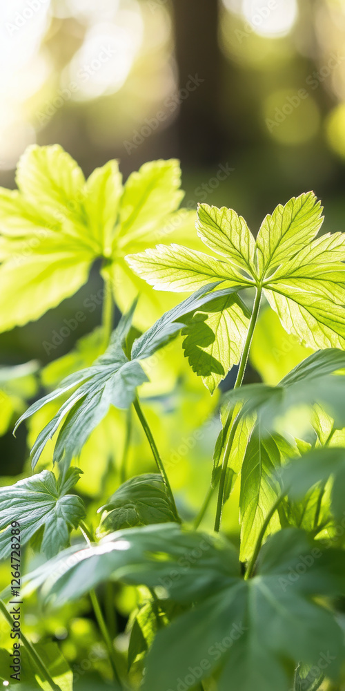 Obraz premium Lush green leaves illuminated by sunlight in a tranquil forest setting offering a serene nature background