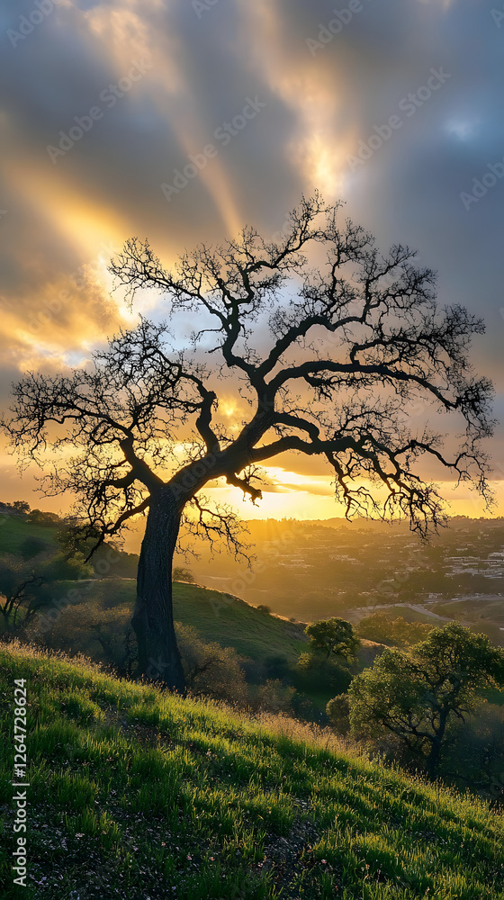 A photo of an old, leafless tree on the side of a hill overlooking a valley at sunrise
A photo of an old, leafless tree on the side of a hill overlooking a valley at sunrise