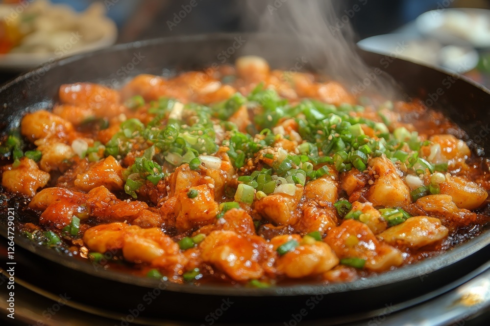 Delicious Korean stir-fried chicken with spicy sauce, topped with fresh scallions, served sizzling hot on a cast-iron skillet. Delicious Korean stir-fried chicken with spicy sauce, topped with fresh scallions, served sizzling hot on a cast-iron skillet.