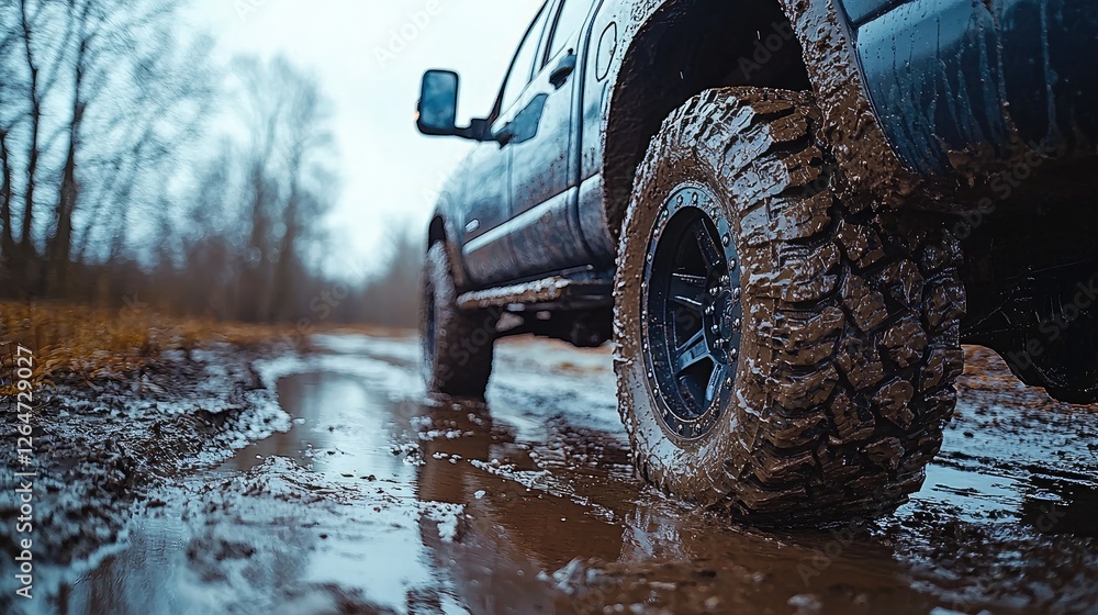 Off-road vehicle navigating through muddy terrain in a forested area during overcast weather Off-road vehicle navigating through muddy terrain in a forested area during overcast weather