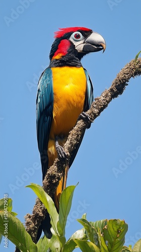 Brightly colored parrot perched on a branch against a clear blue sky