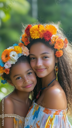 Beautiful woman and child with floral crown celebrating nature in vibrant col...