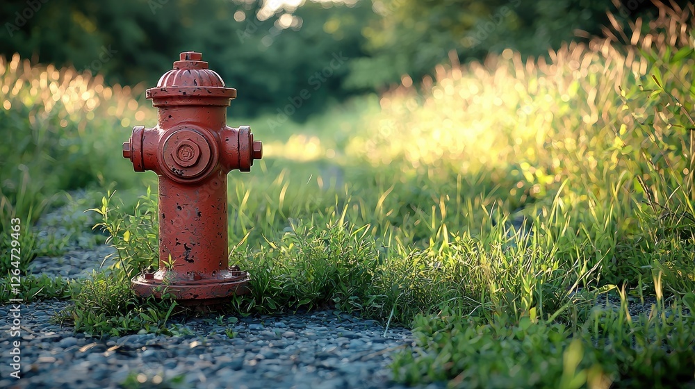 A vibrant red fire hydrant standing on a gravel path surrounded by lush green grass in the sunset A vibrant red fire hydrant standing on a gravel path surrounded by lush green grass in the sunset