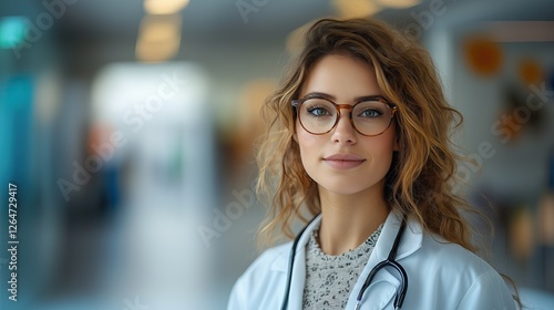 A female doctor wearing glasses is standing in the corridor at work. photo