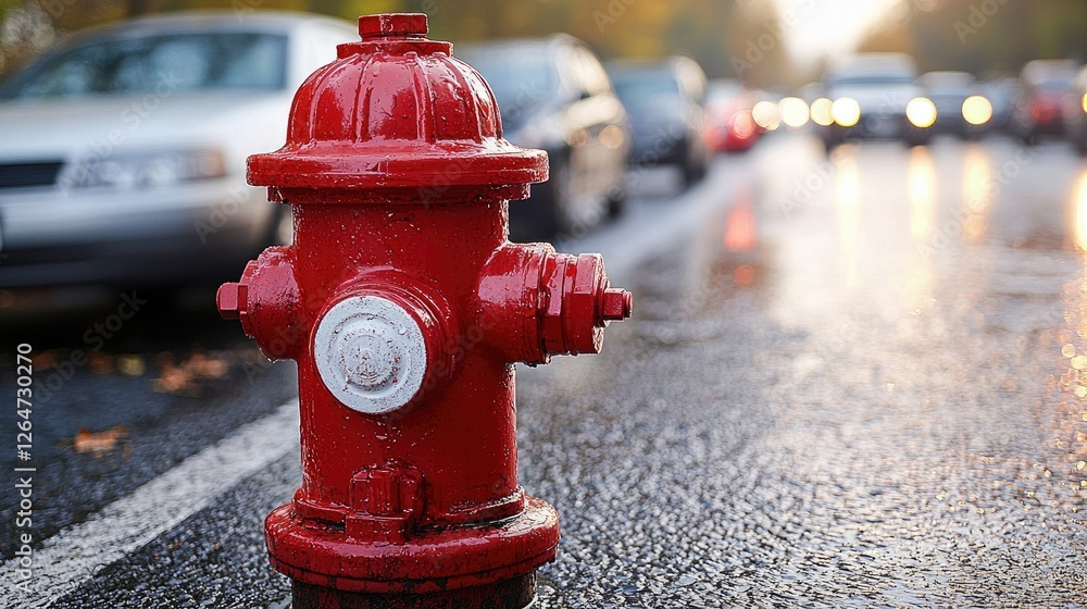 Bright red fire hydrant on a wet street with blurred cars passing by in the background Bright red fire hydrant on a wet street with blurred cars passing by in the background
