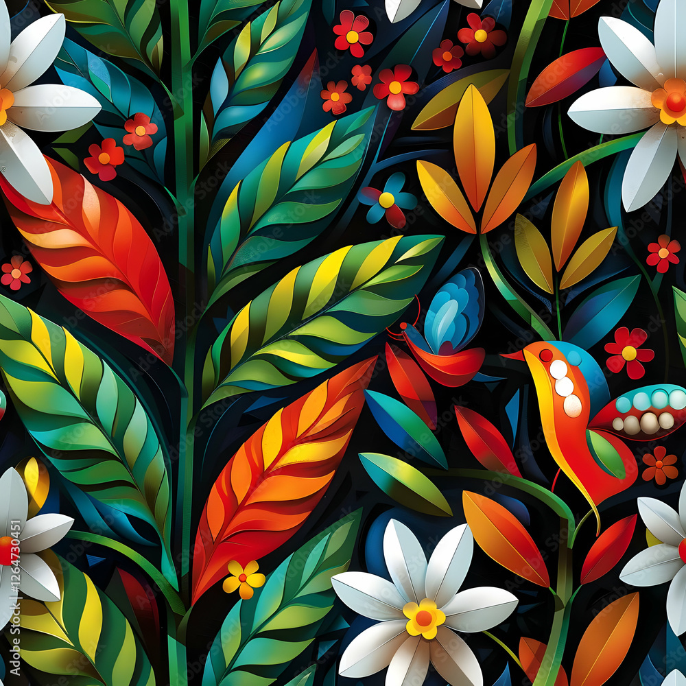 A vibrant, stylized illustration of colorful plants and flowers against a dark background. A vibrant, stylized illustration of colorful plants and flowers against a dark background.