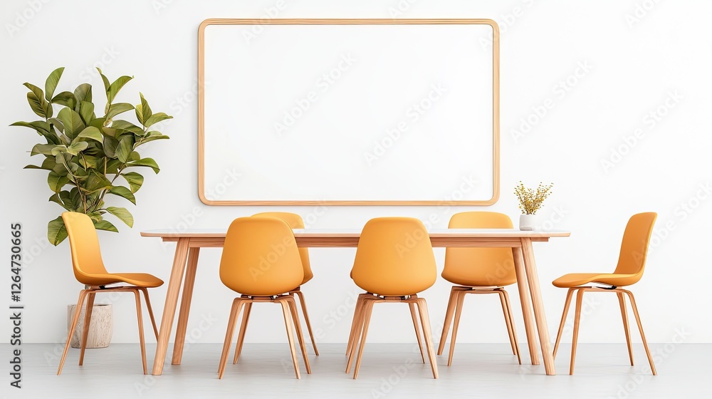 Modern minimalist meeting room with wooden table, yellow chairs, and green plant by white wall Modern minimalist meeting room with wooden table, yellow chairs, and green plant by white wall