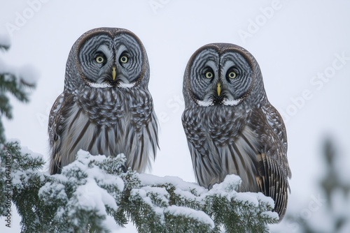 Two great gray owls perched on a snow-covered branch in a winter forest setting