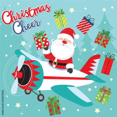 Christmas card with Santa on the plane