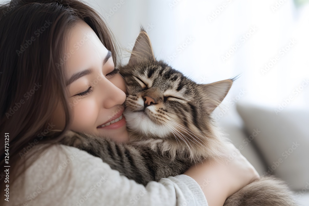 Woman cuddling Maine Coon cat indoors, sunlight streaming Woman cuddling Maine Coon cat indoors, sunlight streaming